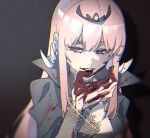  1girl black_cloak blood blood_on_clothes blood_on_face blood_on_hands blurry blurry_background cloak eyelashes film_grain half-closed_eyes hololive hololive_english long_eyelashes long_hair longlong_(drasdr7513) mori_calliope parted_lips pink_eyes pink_hair see-through shiny shiny_hair smile solo spikes teeth tiara upper_body upper_teeth virtual_youtuber 