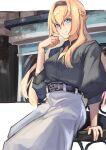  1girl belt black_belt black_hairband black_shirt blonde_hair blue_eyes blush braid closed_mouth collared_shirt french_braid hair_between_eyes hairband highres kantai_collection long_hair long_sleeves panda_(heart_sink) shirt sitting skirt smile solo warspite_(kancolle) white_skirt 