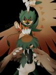  2others aiming_at_viewer alternate_color animal_feet arm_up arrow_(projectile) artist_name bead black_background body_fur brown_fur brown_wings claws closed_mouth commentary_request cowboy_shot decidueye feathered_wings fighting_stance furry green_fur half-closed_eyes hand_up hands_up highres hisuian_decidueye holding holding_arrow kicking leg_up lemonade_kokoi looking_at_viewer multicolored_eyes multicolored_fur multiple_others one_eye_covered orange_eyes other_focus partial_commentary pokemon pokemon_(creature) shiny_pokemon signature simple_background spread_legs standing standing_on_one_leg straight-on twitter_username white_fur wings yellow_eyes 