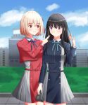 2girls :d absurdres bangs belt black_hair blonde_hair blue_belt blue_dress blue_ribbon blush bob_cut closed_mouth collared_shirt commentary_request dress green_ribbon grey_dress hair_ribbon highres inoue_takina long_hair looking_at_viewer looking_to_the_side lycoris_recoil lycoris_uniform multiple_girls neck_ribbon nishikigi_chisato open_mouth pleated_dress qualia red_belt red_dress red_eyes red_ribbon ribbon school_uniform shirt short_hair simple_background smile teeth two-tone_dress upper_teeth violet_eyes white_background white_shirt