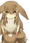  1girl :&lt; animal_ears arms_behind_back bangs blush breasts brown_dress brown_eyes brown_hair brown_sleeves brown_theme closed_mouth commentary detached_sleeves dress ears_down eevee english_commentary expressionless fox_ears fox_girl fox_tail fur_collar hair_between_eyes hair_ornament hairclip light_blush long_hair looking_at_viewer personification pokemon pom_pom_(clothes) puddingx2 sidelocks simple_background sleeveless sleeveless_dress small_breasts solo standing straight-on tail upper_body white_background 