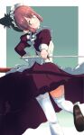  1girl alternate_costume brown_hair enmaided garter_straps green_eyes highres holding holding_sword holding_weapon jagi_(jagi_souken) katana looking_back maid ponytail simple_background solo standing standing_on_one_leg sword thigh-highs toki_ayano weapon white_thighhighs yurucamp 