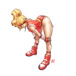  1girl ankle_wrap arm_wrap bent_over blonde_hair breasts brown_eyes capcom_vs_snk_2 english_commentary final_fight full_body genryuusai_maki hands_on_own_knees high_ponytail high_tops highres long_hair narrow_waist nike ninja nishimura_kinu_(style) official_style panties pelvic_curtain red_footwear red_panties shoes sleepyttea sneakers solo thick_thighs thighs toned underwear white_background 
