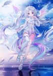  1girl atsuyuno_yuni blue_ribbon feathered_wings feathers full_body horns long_hair long_sleeves looking_at_viewer low_twintails nabi_(uz02) puffy_long_sleeves puffy_sleeves ribbon see-through single_thighhigh thigh-highs twintails unicorn_girl very_long_hair violet_eyes virtual_youtuber white_hair wings yumepercent 