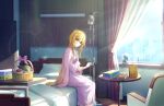  1girl blonde_hair blue_flower blue_rose cardigan dress flower fruit_basket idolmaster idolmaster_cinderella_girls idolmaster_cinderella_girls_starlight_stage indoors intravenous_drip iv_stand jacket jacket_on_shoulders kurosaki_chitose lens_flare light_rays long_hair looking_at_viewer official_art on_bed purple_cardigan purple_dress rose sitting sleepwear smile solo sunlight very_long_hair 