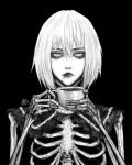  1girl azure_meraki black_background closed_mouth commission cup greyscale hair_between_eyes holding holding_cup looking_at_viewer monochrome original simple_background skeletal_body skeleton solo teacup upper_body 
