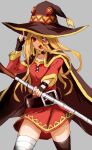  1girl bandages bangs black_gloves blonde_hair breasts cape cosplay cowboy_shot dress evileye_(overlord) eyepatch fang fingerless_gloves gloves grey_background hat highres holding holding_staff large_belt long_bangs long_hair long_sleeves megumin one_eye_covered overlord_(maruyama) red_dress red_eyes small_breasts smile solo staff standing thigh-highs thighs tsugu0302 witch_hat 