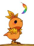  animal_focus blush closed_mouth commentary english_commentary feathers from_side full_body looking_up no_humans pokemon pokemon_(creature) puddingx2 rainbow_feathers simple_background solo standing torchic violet_eyes white_background 