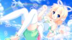  :d akarin_(sakuraakarin) anklet arm_ribbon armband arms_up blonde_hair blue_eyes blue_sky bow breasts choker clouds cloudy_sky cute_(module) day female_child gem green_ribbon green_shirt green_shorts hair_bow hair_ornament hair_ribbon hairclip headphones highres jewelry kagamine_rin knees_up looking_at_viewer musical_note necklace ocean outline pink_outline pink_ribbon project_diva_(series) puffy_shorts rainbow ribbon shirt short_hair shorts sky small_breasts smile solo thigh-highs vest white_bow white_headwear white_ribbon white_vest white_wings wings wrist_cuffs zettai_ryouiki 