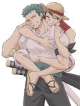 2boys bare_shoulders black_hair carrying closed_eyes commentary_request earrings green_hair grin hat holding jewelry lifting_person looking_at_another male_focus monkey_d._luffy multiple_boys muscular muscular_male nikkkki12 one_piece piggyback roronoa_zoro sandals scar scar_across_eye shirt short_hair short_sleeves simple_background single_earring smile straw_hat sword teeth weapon white_background yaoi