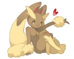  1girl alternate_eye_color animal_ears animal_nose arm_support arm_up blush body_fur breasts brown_eyes brown_fur commentary english_commentary full_body furry furry_female heart knees_together_feet_apart leg_up legs light_blush looking_at_viewer lopunny nose_blush outstretched_arm pokemon pokemon_(creature) puddingx2 rabbit_ears rabbit_girl simple_background sitting small_breasts solo two-tone_fur white_background yellow_fur 