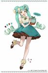  1girl :d aqua_skirt arm_scrunchie bow bowtie brown_skirt checkerboard_cookie company_name cookie dessert double_bun drill_hair food food-themed_hair_ornament fork_hair_ornament full_body green_eyes hair_bow hair_bun hair_ornament hairclip hatsune_miku highres holding holding_food ice_cream_hair_ornament long_hair skirt smile spoon_hair_ornament standing twintails very_long_hair vocaloid white_background yuu_(higashi_no_penguin) 