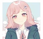  1girl artist_request closed_mouth danganronpa_(series) danganronpa_2:_goodbye_despair flipped_hair gradient gradient_background highres hood hooded_jacket jacket medium_hair nanami_chiaki neck_ribbon pink_eyes pink_hair pink_ribbon ribbon second-party_source shirt smile solo spaceship_hair_ornament tran_minh_anh white_shirt 