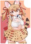  1girl absurdres animal_costume animal_ear_fluff animal_ears bow bowtie breasts brown_eyes brown_hair cat_ears cat_girl cat_tail closed_mouth highres kemono_friends kemono_friends_v_project kneehighs large-spotted_genet_(kemono_friends) large_breasts long_hair looking_at_viewer microphone ribbon shirt simple_background skirt socks solo tail toriny twintails virtual_youtuber 