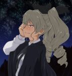  1girl ada_badguy anchovy_(girls_und_panzer) anzio_school_uniform bangs black_cape black_necktie black_ribbon cape closed_mouth commentary crying crying_with_eyes_open dress_shirt drill_hair from_side frown girls_und_panzer green_hair hair_ribbon half-closed_eyes highres long_hair long_sleeves looking_to_the_side necktie night night_sky outdoors red_eyes ribbon school_uniform shirt sky solo star_(sky) starry_sky tearing_up tears twin_drills twintails white_shirt wing_collar wiping_tears 