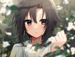  1girl absurdres bangs birthday black_eyes black_hair blurry blurry_foreground blush branch bush close-up commentary dated depth_of_field foliage hair_between_eyes hair_strand highres holding holding_branch idolmaster idolmaster_(classic) kikuchi_makoto looking_away nnnn parted_lips portrait segment_display shirt short_hair solo white_shirt 