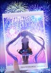  aerial_fireworks aqua_hair arms_behind_back bare_shoulders black_skirt black_sleeves black_thighhighs clear_sky commentary dated dated_commentary detached_sleeves english_commentary fireworks flower happy_birthday hatsune_miku highres holding holding_flower holding_picture legs_together long_hair looking_at_object maronie. night outdoors own_hands_together picture_(object) pleated_skirt shirt sidelocks skirt sky sleeveless sleeveless_shirt solo strap sunflower thigh-highs twintails very_long_hair vocaloid white_shirt zettai_ryouiki 