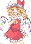 1girl ascot bangs blonde_hair bow crystal flandre_scarlet hair_bow hat heart highres looking_at_viewer mob_cap one_side_up open_mouth ramudia_(lamyun) red_bow red_eyes red_nails red_skirt red_vest shirt short_sleeves simple_background skirt solo touhou twitter_username vest white_background white_headwear white_shirt wings wrist_cuffs yellow_ascot 