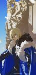  1boy armor blonde_hair blue_cape blue_eyes cape dimitri_alexandre_blaiddyd expressionless eyepatch fire_emblem fire_emblem:_three_houses fur_trim highres k00s looking_at_viewer male_focus one_eye_covered solo statue 