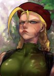  1girl artist_name ayaki_d beret blonde_hair blue_eyes braid breasts cammy_white chromatic_aberration frown hat highres medium_breasts portrait pout red_headwear scar scar_on_cheek scar_on_face skin_tight solo street_fighter street_fighter_v tree_shade twin_braids 