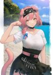  1girl absurdres animal_ears arknights beach black_skirt blue_bow blue_sky bow breasts cat_ears cat_girl cat_tail closed_mouth clouds collarbone commentary_request day frilled_skirt frills goldenglow_(arknights) hair_bow hair_over_shoulder hand_up highres long_hair looking_at_viewer pink_hair sand shirt short_sleeves skirt sky small_breasts smile solo tail tree water welt_(kinsei_koutenkyoku) white_shirt yellow_eyes 