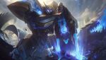  1boy absurdres armor belt clare_wong clouds cloudy_sky creature garen_(league_of_legends) glowing glowing_weapon helmet highres league_of_legends long_sword male_focus mecha mecha_kingdom_garen monster official_alternate_costume official_art outdoors robot shoulder_armor sky solo sunlight sword temple weapon 