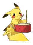  :3 black_eyes blank_eyes blush_stickers closed_mouth commentary drum drumsticks english_commentary full_body hands_up happy holding holding_drumsticks instrument looking_at_viewer no_humans pikachu pokemon pokemon_(creature) puddingx2 simple_background smile solo white_background 