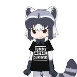  animal_ears bangs black_hair bow bowtie brown_eyes clenched_hands clothes_writing common_raccoon_(kemono_friends) fawnmoth fur_collar grey_hair kemono_friends multicolored_hair raccoon_ears raccoon_girl raccoon_tail shirt short_hair short_sleeves smile t-shirt tail tearing_up trembling white_hair 