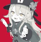  1girl ddari flower flower-shaped_pupils genshin_impact greyscale greyscale_with_colored_background hat hat_flower highres hu_tao_(genshin_impact) long_hair long_sleeves looking_at_viewer monochrome open_mouth red_background sketch smile solo symbol-shaped_pupils twintails 