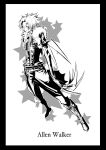  1boy allen_walker belt black_order_uniform boots border character_name claws closed_mouth d.gray-man facial_mark full_body fur-trimmed_jacket fur_trim greyscale highres jacket knee_boots male_focus monochrome nomomono_eraser pants simple_background solo spiky_hair star_(symbol) 