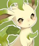  animal_focus blush brown_eyes commentary english_commentary green_background green_theme leafeon looking_at_viewer no_humans notched_ear open_mouth outline pokemon pokemon_(creature) puddingx2 simple_background solo upper_body white_outline 
