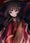  1girl absurdres bangs black_background black_cape blunt_bangs blurry blurry_foreground brown_hair cape commentary dress hat highres holding holding_staff kono_subarashii_sekai_ni_shukufuku_wo! looking_at_viewer megumin mok4suke open_mouth red_dress red_eyes short_hair short_hair_with_long_locks staff teeth upper_teeth v-shaped_eyebrows witch_hat 
