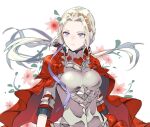  1girl armor blush breasts cape closed_mouth edelgard_von_hresvelg fire_emblem fire_emblem:_three_houses fire_emblem_warriors:_three_hopes flower gloves hair_ornament hair_ribbon highres long_hair looking_at_viewer official_alternate_costume red_cape ribbon solo violet_eyes white_hair yachimata_1205 
