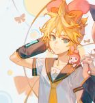  1boy 1girl aqua_eyes bass_clef black_sleeves blonde_hair bow ciloranko closed_mouth collaboration cosplay creature creature_on_shoulder crossover detached_sleeves eyebrows_hidden_by_hair hair_between_eyes hand_to_head headset highres holding_hands interlocked_fingers kagamine_len kagamine_rin light_smile looking_at_viewer male_focus microphone my_melody my_melody_(cosplay) necktie on_shoulder onegai_my_melody orange_bow sailor_collar sailor_shirt sanrio shirt short_sleeves solo_focus spiky_hair symmetry vocaloid white_background white_shirt yellow_necktie 
