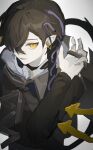  1boy arknights bangs black_hair black_jacket corroserum_(arknights) eyebrow_piercing fang grey_background hair_over_one_eye hand_up highres jacket long_sleeves looking_at_viewer male_focus nagute open_mouth piercing pointy_ears safety_pin simple_background solo yellow_eyes 