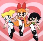  3girls bangs black_hair blonde_hair blossom_(ppg) blue_eyes bow bubbles_(ppg) buttercup_(ppg) dress eyelashes green_eyes hair_bow heart heart_background highres kim_crab long_hair looking_at_viewer mary_janes multiple_girls orange_hair pantyhose pink_background pink_eyes powerpuff_girls shoes short_dress short_hair smile twintails very_long_hair 