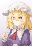  1girl absurdres ascot blonde_hair breasts collared_dress dress hat highres juliet_sleeves long_sleeves maribel_hearn medium_breasts medium_hair mob_cap puffy_sleeves purple_dress purple_nails red_ascot solo t-hou touhou upper_body violet_eyes white_headwear yellow_eyes 