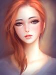  1girl 2016 brown_eyes collarbone dated expressionless eyeliner geo_siador grey_shirt hair_over_shoulder highres lips long_hair looking_at_viewer makeup nose nostrils original parted_lips portrait realistic redhead shirt signature simple_background solo 