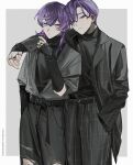  2boys arm_around_shoulder belt black_belt black_jacket black_pants black_sweater brothers grey_jacket hair_behind_ear haitani_ran haitani_rindou half-closed_eyes hand_in_pocket head_tilt highres jacket jewelry k00s leaning_on_person looking_at_viewer male_focus multiple_boys pants purple_hair ring siblings sleeves_past_wrists smile sweater tokyo_revengers violet_eyes 