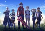  3boys 3girls animal_ears arms_behind_head bare_shoulders belt black_hair blonde_hair blue_sky brown_hair camisole cat_ears chest_jewel closed_mouth clouds collarbone crossed_arms eunie_(xenoblade) fiery_hair floating_hair flute fuwamoko_momen_toufu glasses glowing glowing_lines glowing_weapon grass head_wings highres holding holding_instrument holding_weapon instrument jacket lanz_(xenoblade) looking_afar looking_at_viewer midriff mio_(xenoblade) mountain multiple_boys multiple_girls noah_(xenoblade) ponytail scarf sena_(xenoblade) shaded_face sky standing sword taion_(xenoblade) weapon white_hair xenoblade_chronicles_(series) xenoblade_chronicles_3 