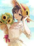  1girl :d adjusting_clothes adjusting_headwear ayuko_ammobium bangs birthday black_eyes black_hair blush bouquet breasts character_name clouds commentary dress flower hair_between_eyes hat hat_flower highres holding holding_bouquet idolmaster idolmaster_(classic) kikuchi_makoto open_mouth raised_eyebrows sky small_breasts smile solo straw_hat sun_hat sundress sunflower teeth upper_body upper_teeth white_dress yellow_flower 