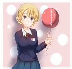  1girl aquaegg arm_behind_back balloon bangs black_necktie blonde_hair blue_eyes blue_skirt blue_sweater braid closed_mouth commentary darjeeling_(girls_und_panzer) dress_shirt emblem girls_und_panzer happy_birthday holding holding_balloon long_sleeves looking_at_viewer miniskirt necktie outside_border pink_background pleated_skirt polka_dot polka_dot_background school_uniform shadow shirt short_hair skirt smile solo st._gloriana&#039;s_(emblem) st._gloriana&#039;s_school_uniform standing sweater twin_braids upper_body v-neck white_shirt wing_collar 