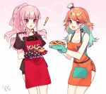  2girls alternate_costume apron cake chef_hat dessert earrings feather_earrings feathers food gradient_hair hat highres hololive hololive_english jewelry long_hair looking_at_another mori_calliope multicolored_hair multiple_girls orange_hair oven_mitts pastry pie pink_hair plate takanashi_kiara virtual_youtuber watashishi yuri 