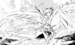  1girl :&gt; antenna_hair bangs cardcaptor_sakura cherry_blossoms clouds dress feathered_wings full_body fuuin_no_tsue gloves greyscale highres holding holding_staff kero kinomoto_sakura large_wings looking_at_viewer magical_girl monochrome nomomono_eraser outdoors shoes short_hair sky sleeveless sleeveless_dress smile sparkle staff water wings 