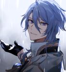  1boy bangs black_gloves blue_hair commentary_request genshin_impact gloves hair_between_eyes japanese_clothes kamisato_ayato long_sleeves looking_at_viewer male_focus mole mole_under_mouth parted_lips rain shuukenyuu simple_background solo upper_body violet_eyes 