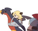  1boy 1girl black_shirt blonde_hair blue_hair chibi coat commentary cynthia_(pokemon) cyrus_(pokemon) eye_contact eyelashes fur-trimmed_coat fur_trim garchomp grey_eyes hair_ornament hair_over_one_eye long_sleeves looking_at_another looking_to_the_side pokemon pokemon_(creature) pokemon_(game) pokemon_dppt riding riding_pokemon shirt simple_background ssalbulre vest weavile white_background 