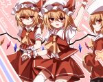 3girls absurdres alternate_costume alternate_eye_color arm_up artist_name ascot bangs blush brown_skirt character_name closed_mouth collared_shirt crystal fang flandre_scarlet frills from_side hair_between_eyes hand_up hat hat_ribbon heart highres jacket jewelry long_sleeves looking_at_another looking_to_the_side mob_cap multicolored_wings multiple_girls one_side_up open_mouth orange_ascot orange_hair pink_background puffy_short_sleeves puffy_sleeves red_eyes red_jacket red_ribbon red_skirt red_vest ribbon shirt short_sleeves skirt smile standing star_(symbol) striped thigh-highs tongue top-exerou touhou vest white_headwear white_shirt white_thighhighs wings wrist_cuffs 