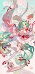  1girl absurdres bangs bow bowtie corset detached_sleeves floating food food-themed_background fruit green_eyes green_hair hair_bow hatsune_miku high_heels highres leg_up long_hair looking_at_viewer musical_note numbered open_mouth outstretched_arms plate puffy_sleeves red_bow red_corset red_footwear rumoon smile solo strawberry thigh-highs twintails vocaloid white_thighhighs 