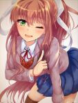  1girl absurdres bangs blazer blush bow breasts brown_hair denjiyuudou doki_doki_literature_club green_eyes hair_bow hair_ribbon highres jacket large_breasts long_hair looking_at_viewer monika_(doki_doki_literature_club) one_eye_closed open_mouth over-kneehighs ponytail ribbon school_uniform shirt sidelocks skirt smile solo thigh-highs thighs uniform very_long_hair white_bow white_ribbon 