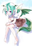  1girl amimi bangs bare_legs barefoot black_skirt buttons crossed_bangs dot_nose dragon_girl dragon_tail dragon_wings dress frilled_skirt frilled_sleeves frills green_hair green_tail highres horns light_blush light_smile looking_at_viewer oni_horns original own_hands_together puffy_short_sleeves puffy_sleeves shadow shiny shiny_hair short_sleeves sitting skirt solo tail toes violet_eyes white_background white_dress wings wrist_cuffs 